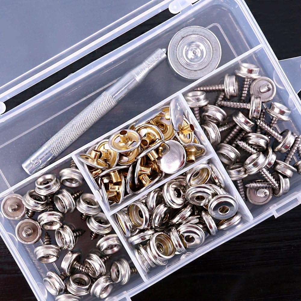 Glarks 120-Pieces Stainless Steel Marine Grade Canvas and Upholstery Boat Cover Snap Button Fastener Kit with 2Pcs Setting Tool (40 Sets)- Silver