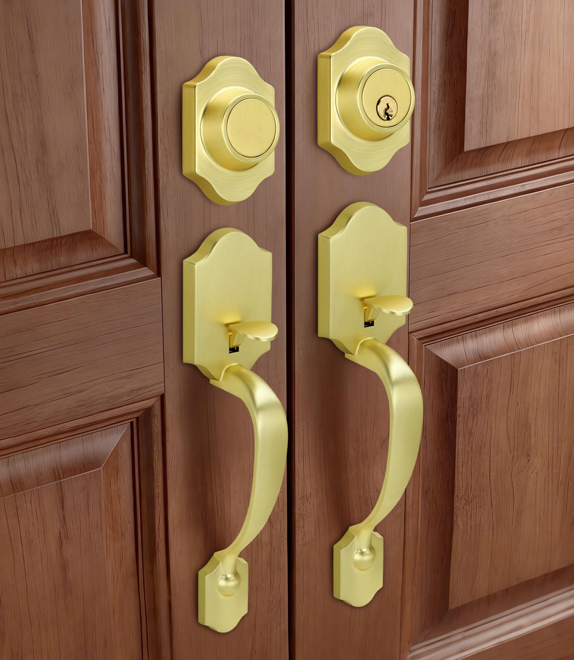 Photo 1 of Moquin Brushed Gold Double Door Handle Set for Front Door, Gold Classic Double Front Door Lock Set with Dummy, Reversible Handle Lever for Entrance Exterior Doors, Satin Brass