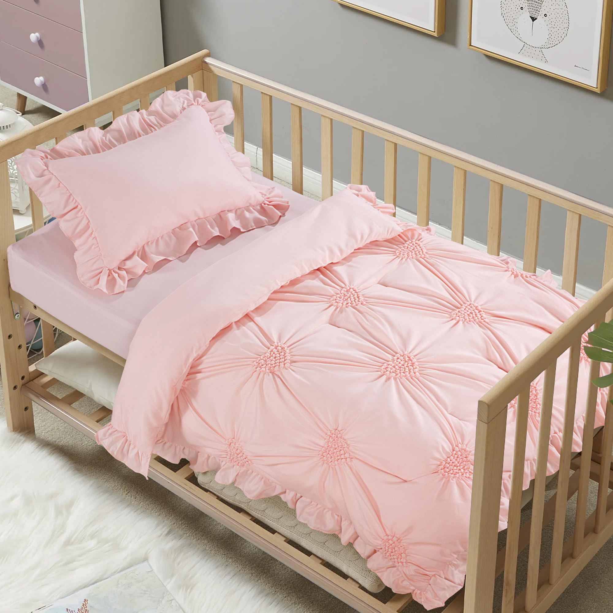 Photo 1 of HOMBYS 3 Pieces Princess Pink CribBedding Set for Baby Girls, Ultra Soft Blush Pinch Pleat Comforter Set with Ruffles for All Season