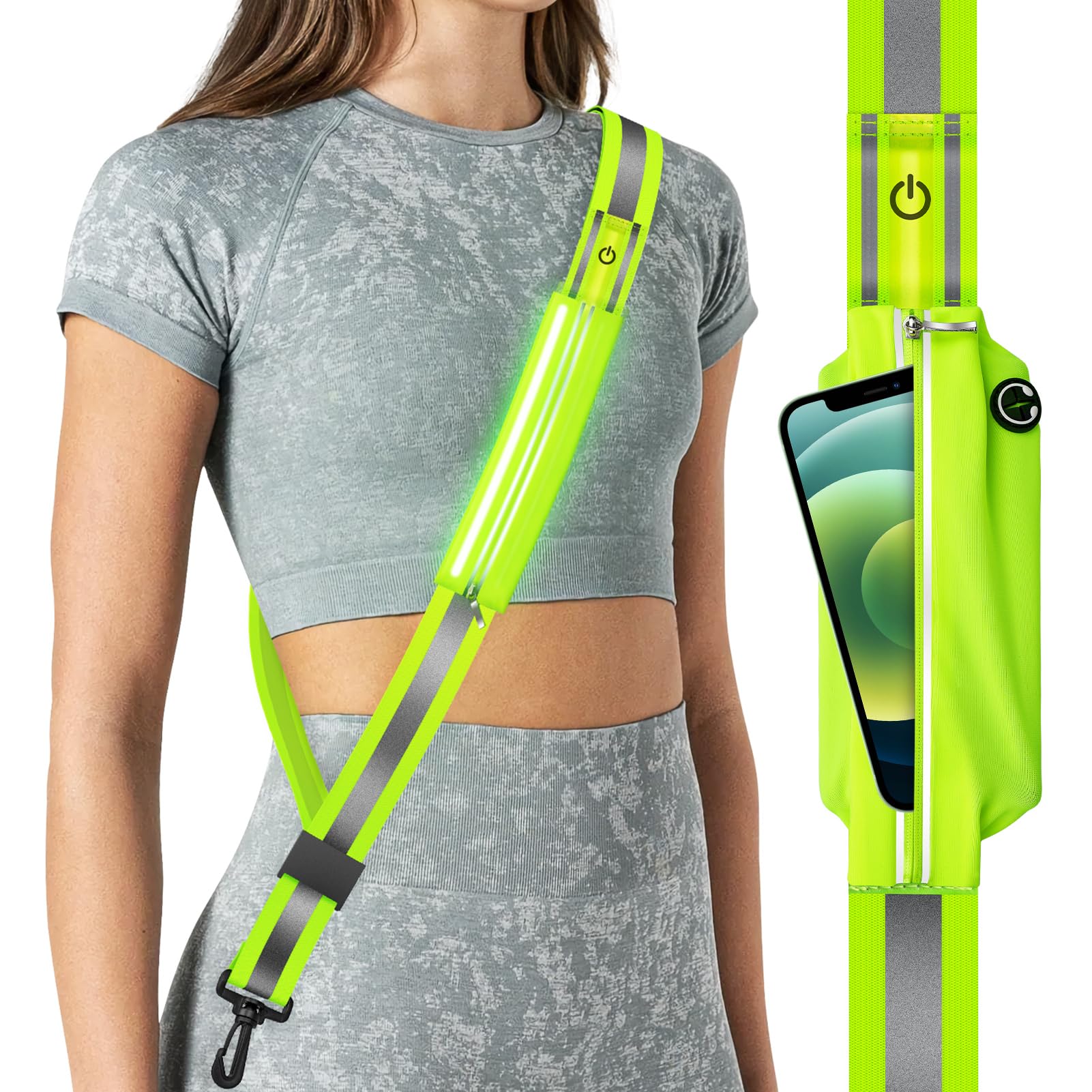 LED Reflective Belt Sash for Walking at Night, Night Running Safety Gear High Visibility Rechargeable LED Light Up Running Belt for Runners Walkers Men Women
