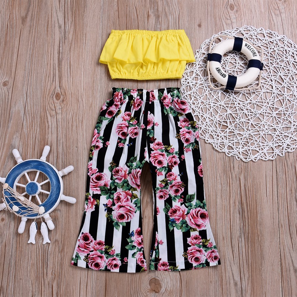 2Pcs Baby Girls Off-Shoulder Crop Tops+ Long Floral Striped Flare Pants Infant Summer Outfits Clothes Set(3-4T)