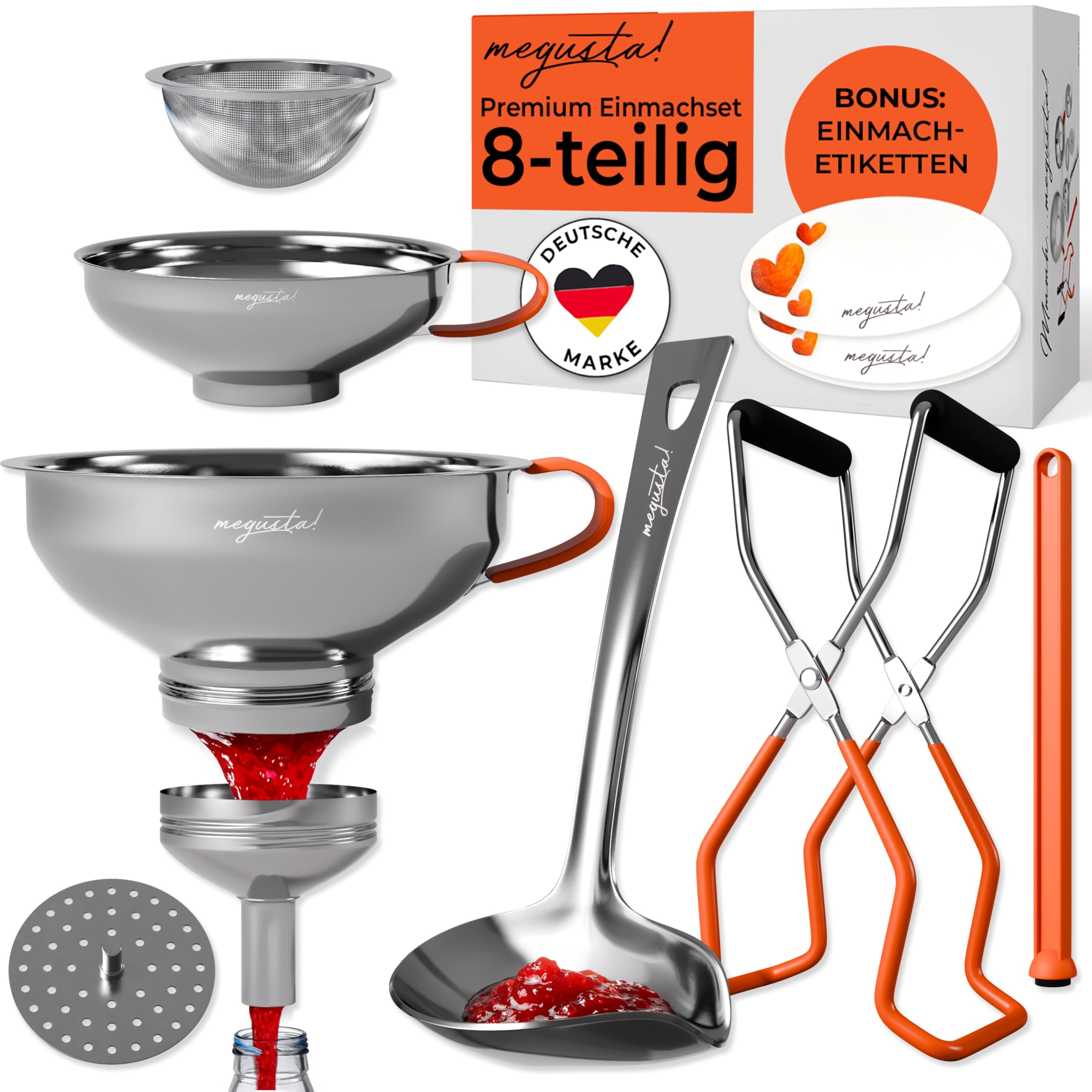 megusta!® Premium Canning Set 8 Pieces | 2 funnels Stainless Steel | 1 ladle Stainless Steel | 1 Reducer | 1 fine Sieve | 1 coarse Sieve | Canning jar Lifter | Magnet for lids