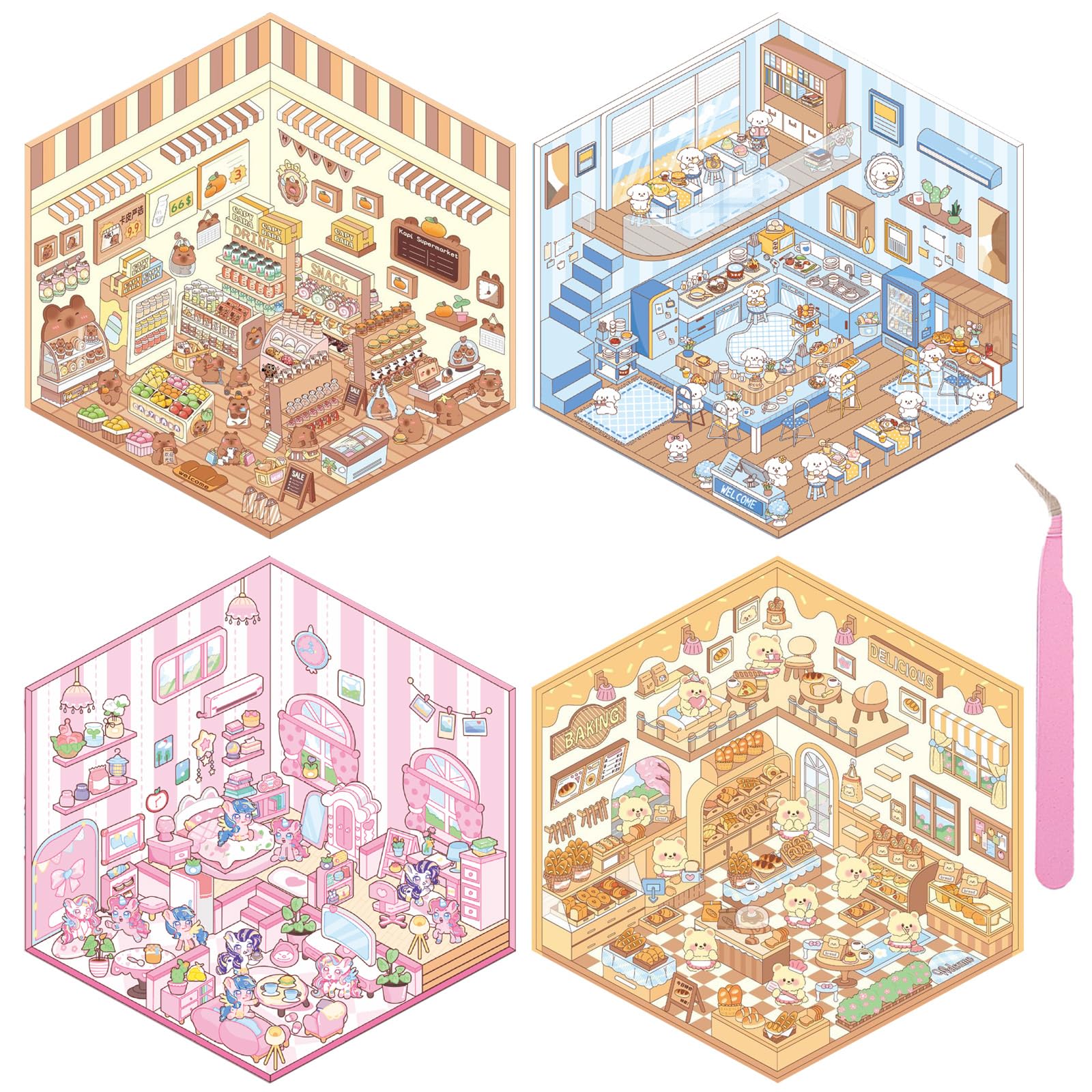 Photo 1 of 4 Sets DIY 3D House Stickers, 3D Sticker Scene Miniature Scene Stickers, Cute Cartoon Sticker Scenes for Adults Kids, Make Your Own Stickers, Fun Room Sticker Book