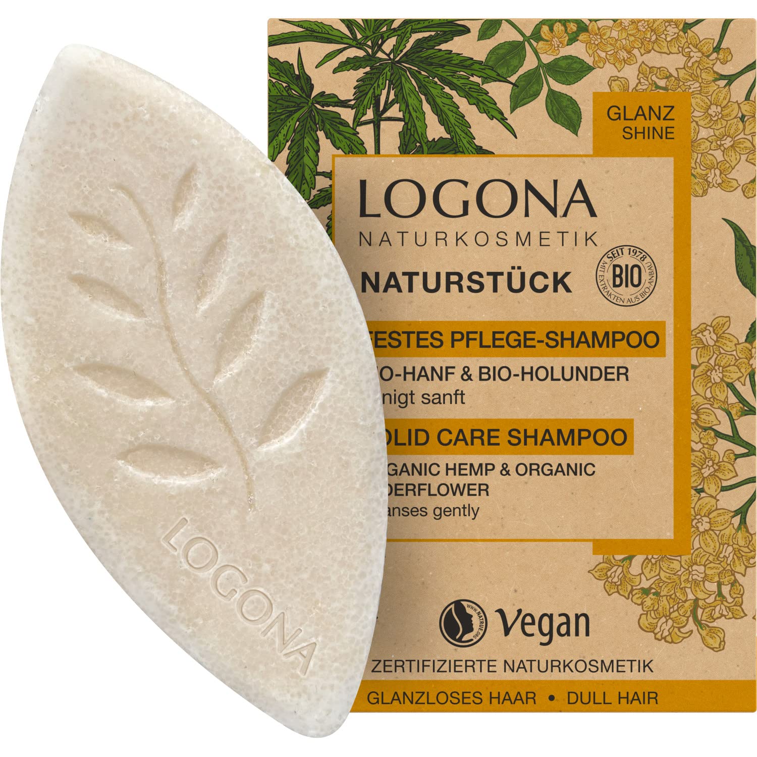 LOGONA Naturkosmetik Solid Hair Shampoo for More Shine and Naturally Healthy Hair, Shampoo Bar with Vegan Formula Made of Organic Hemp and Organic Elder, Like Hair Soap, 1 x 60 g