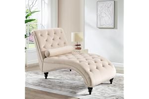 SLEERWAY Chaise Lounge Chair Indoor, Modern Velvet Upholstered Sofa with Solid Wooden Leg and Lumbar Pillow, Button Tufted Sleeper Chaise Lounge Chairs for Bedroom Living Room Office, Beige