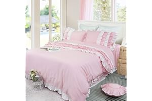 Softta Vintage Girls Bedding Set 100% Cotton Queen Size 3Pcs Duvet Cover Set Multi Ruffles w Lace Patchwork 600 Thread Count Pink Korean Princess Bedding Collection