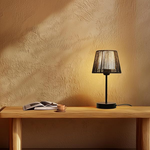 TOUCH BOHO LAMP DIMMABLE, 3-WAY BEDSIDE TABLE LAMP 14.2″, ROPE LIGHT FOR BEDROOM NIGHTSTAND FARMHOUSE, BULB INCLUDED, 2 PACKS (BLACK)