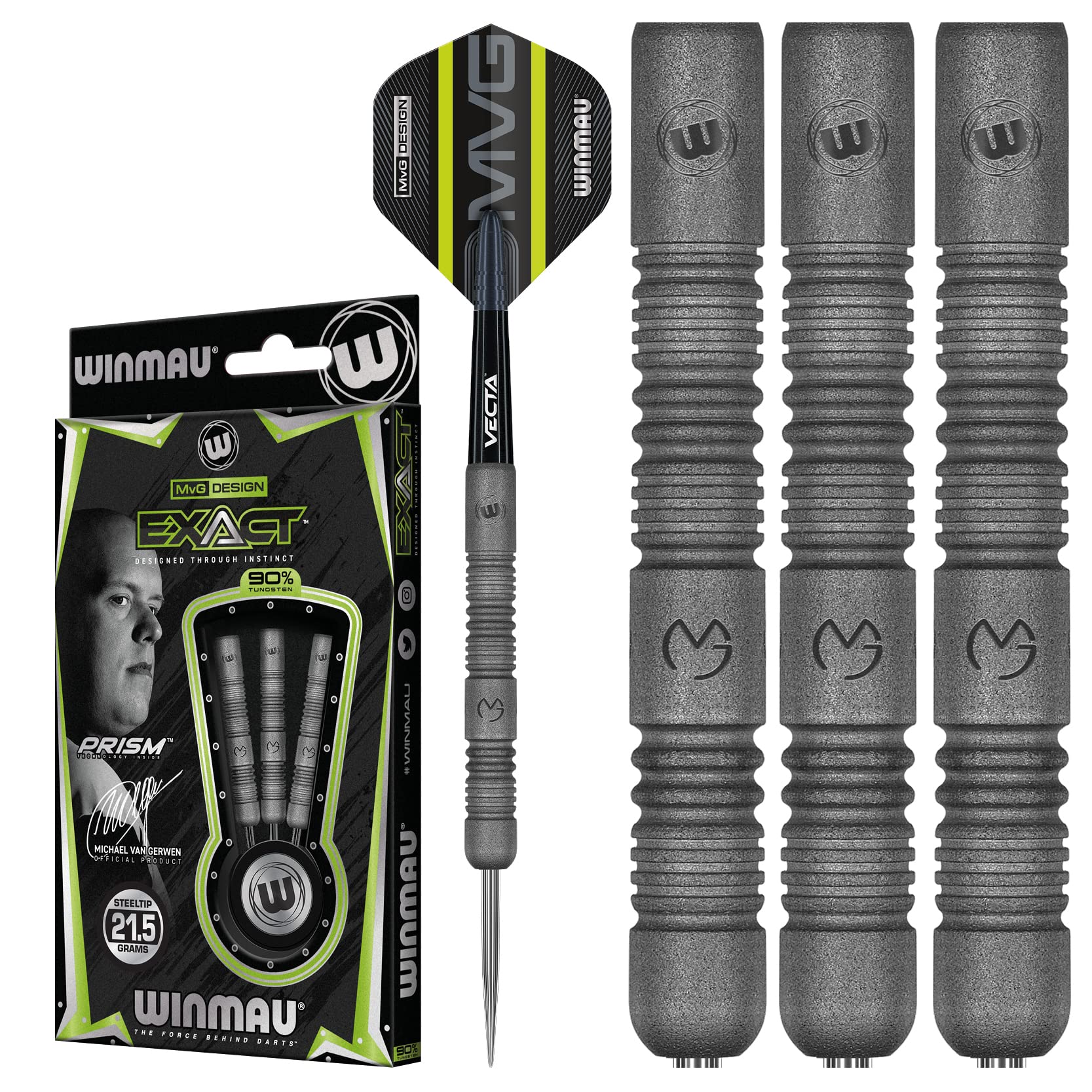 Winmau Darts Set - Michael Van Gerwen MvG Exact Steeltip Darts - Includes Darts Flights & Stems, Available in 21.5g, 23g, 24g & 25g, Professional 90% Tungsten Darts Set, 21.5g