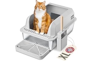 OHM EARTH OHM Pets XL Cat Litter Box - Stainless Steel, 20L Non-Stick, Rust-Proof, Anti-Leak, High Sides, Scoop & Tray, Light Grey