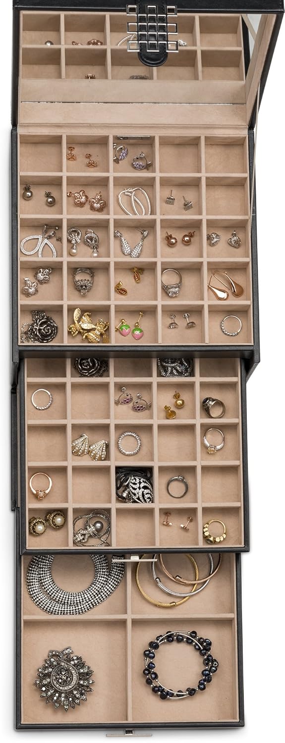 Glenor Co Earring Organizer Holder - 50 Small & 4 Large Slots Classic Jewelry box with Drawer & Modern Closure, Mirror, 3 Trays for All Sizes Earrings, Ring or Chain Storage - PU Leather Case - Black: Home & Kitchen