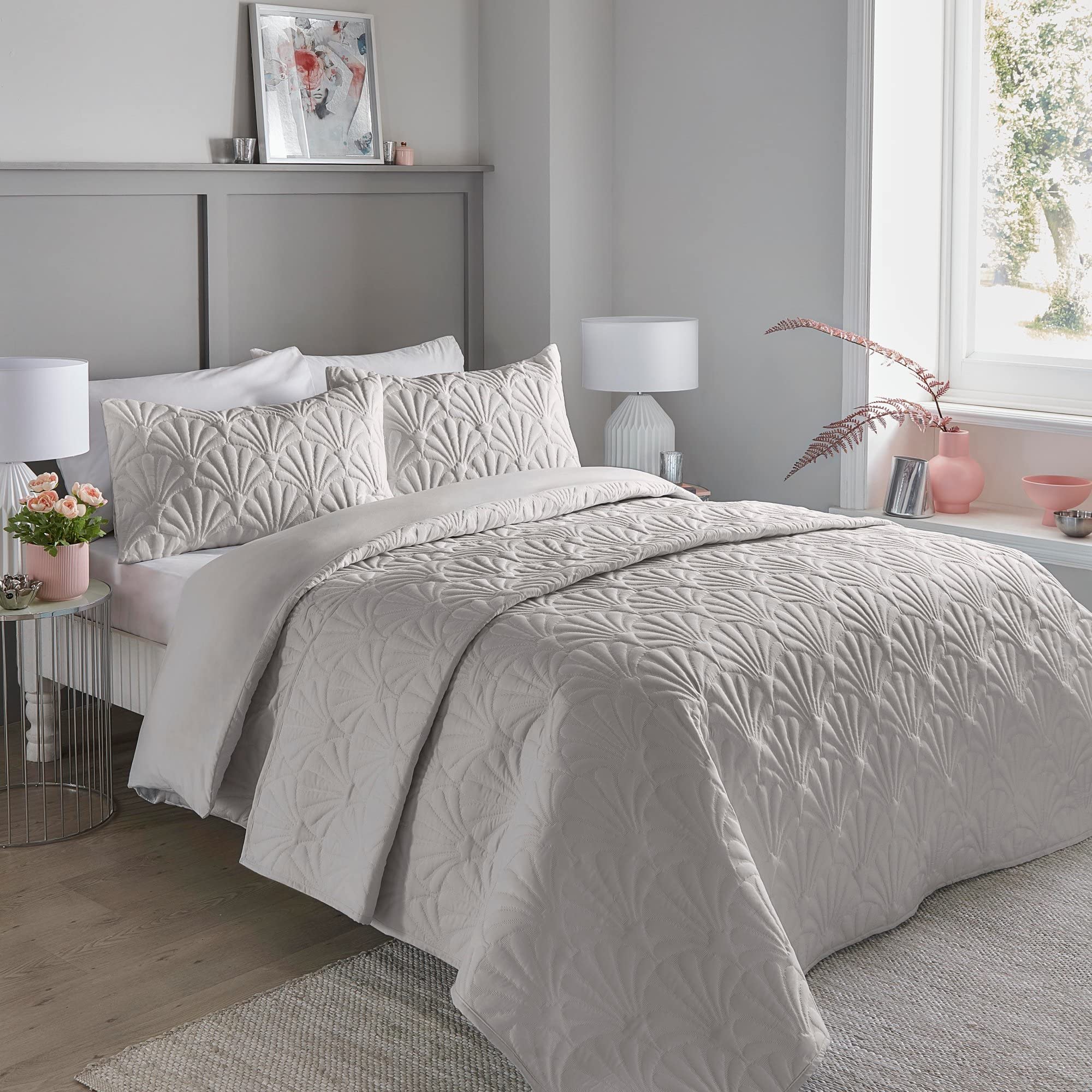 Serene - Silver Floral Embroidery Duvet Cover - Single Bedding Size (140 x 200cm) - Luxury Bedding - Soft Touch - Pinsonic/Ultrasonic Pattern - Silver Embossed Duvet - Cavili Collection