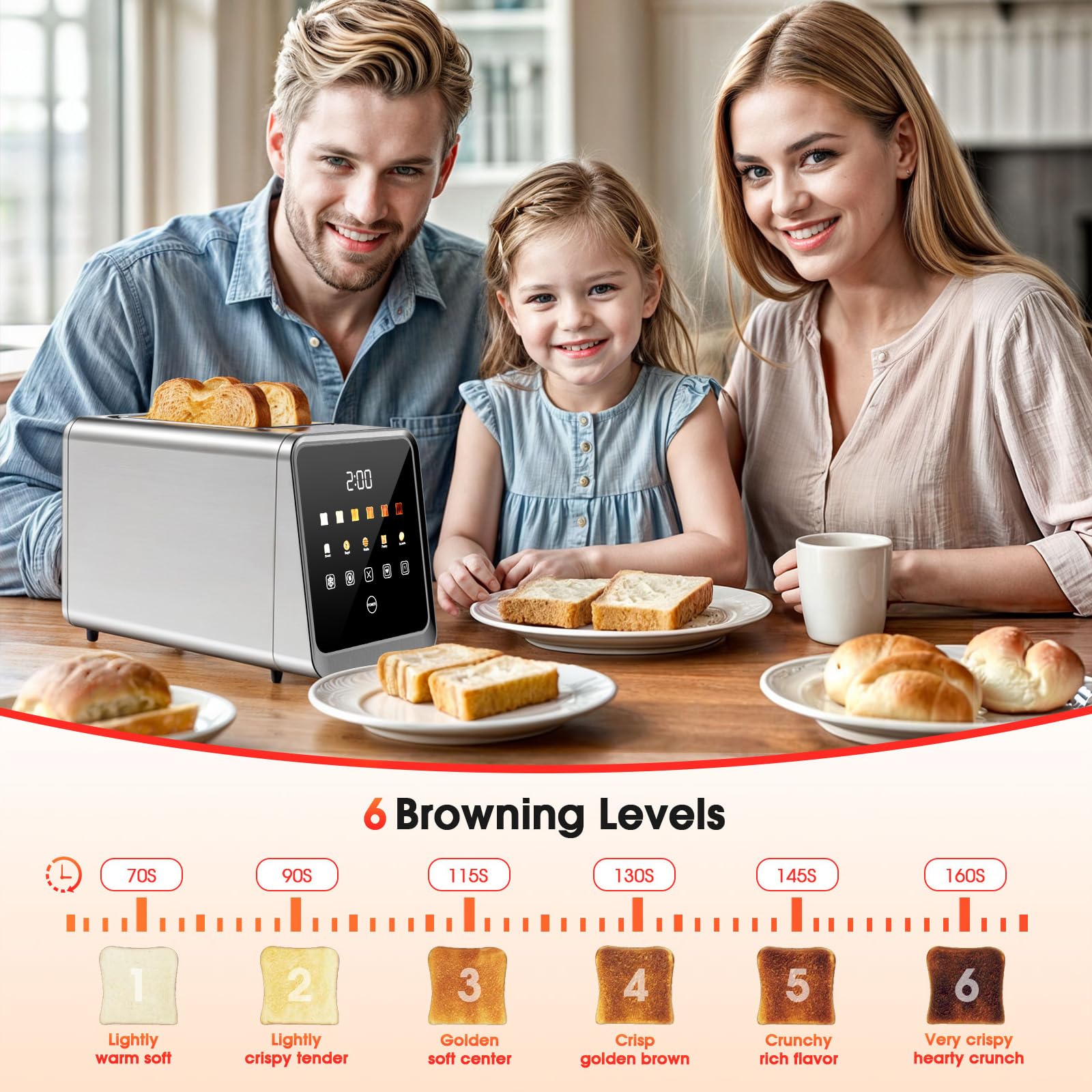 Tostadora con pantalla táctil de 2 rebanadas con ranuras de 1,5" de ancho y recuperación de memoria | Tostadoras digitales inteligentes de acero inoxidable de 900 W | 6 configuraciones de sombra para bagels y pan grueso