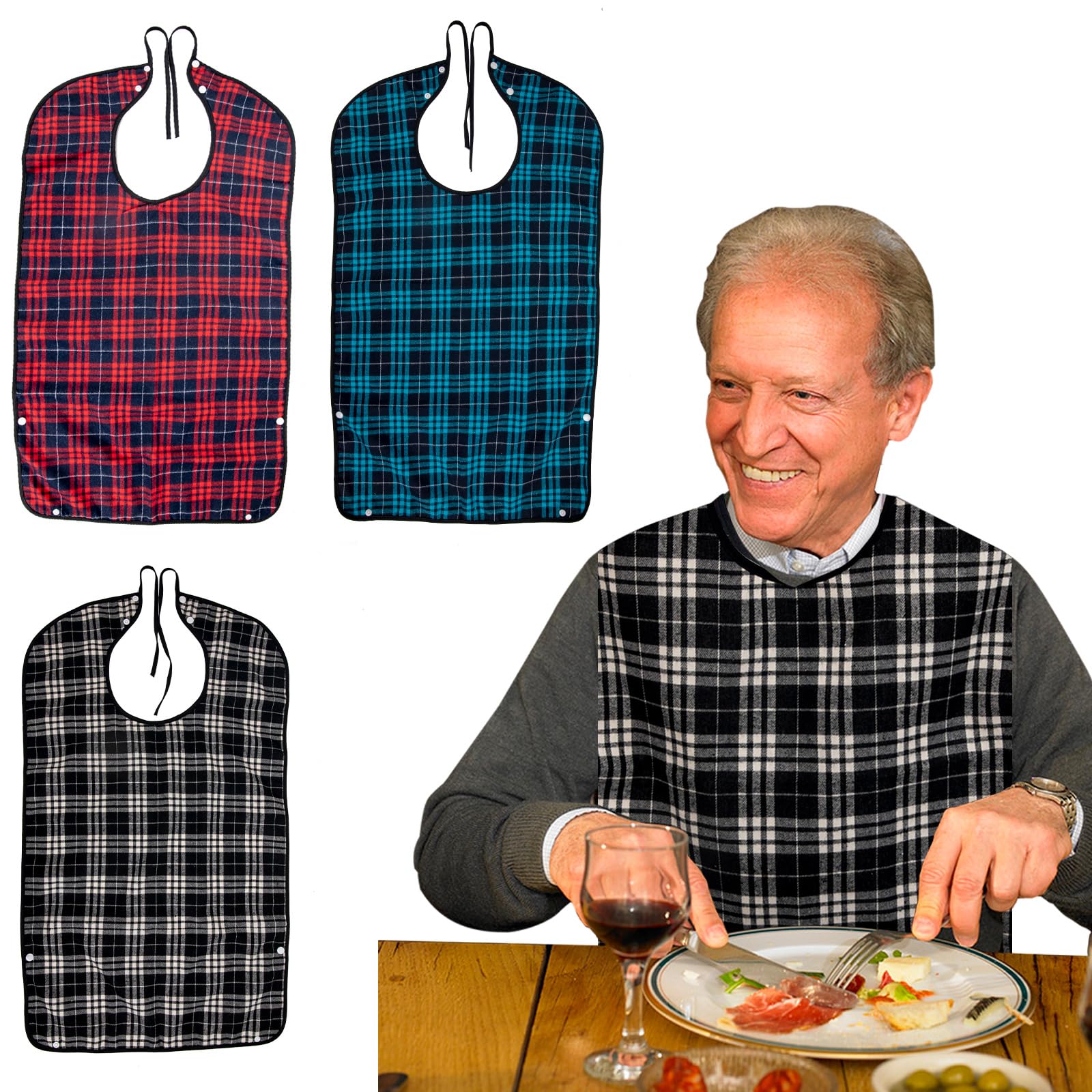 Sewokon 3pcs Washable Bibs for Elderly - Adult Bibs for Men & Women