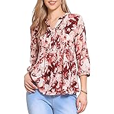 Allegra K Dressy Casual Pleated Top for Women's 3/4 Sleeve Half Button V Neck Pattern Blouse
