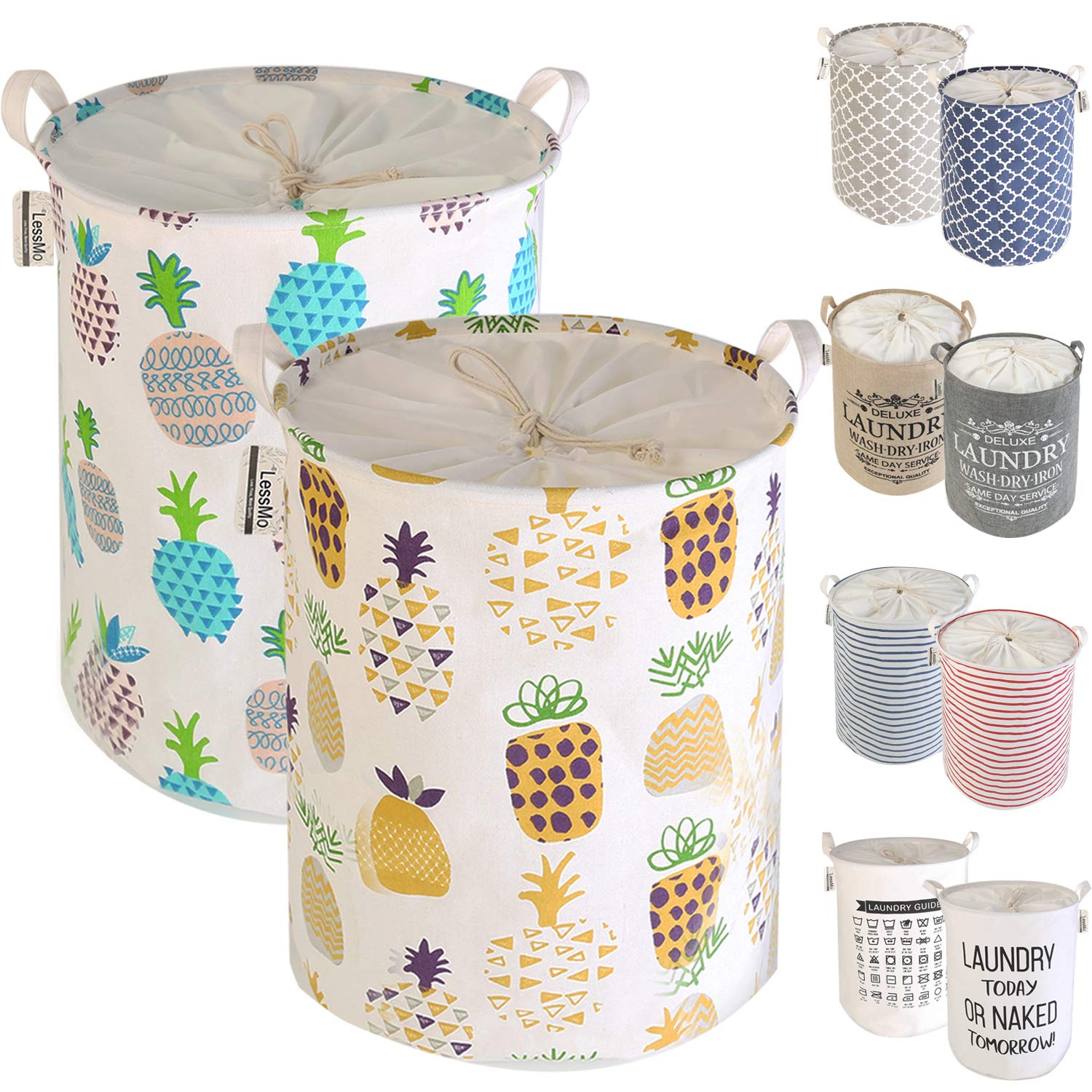 LessMo 2 Pcs 19.7" Laundry Basket, Foldable Laundry Basket Storage Sorter, Drawstring Waterproof Closure for Dust-proof, for Room, Large Cotton and Linen Fabric