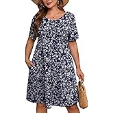 AusLook Plus Size Women's Summer Short Sleeves Crew Neck Midi Dresses Casual Loose Fitting Tank Sundress with Pockets