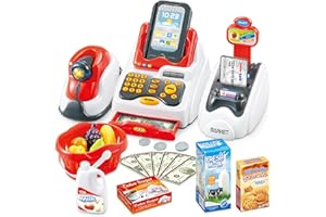FunzBo Cash Register for Kids Toys - Grocery Store Pretend Play for Girls Boys Toy Cashier Registers with Scanner and Sound, Credit Card Reader, Money - Checkout Game for Kid Age 3 4 5 6 Years Old