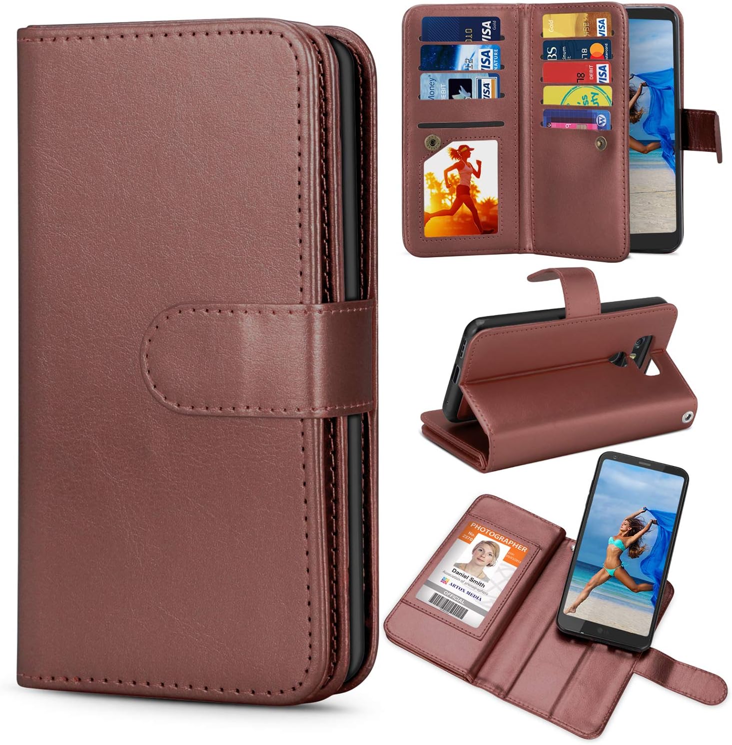 TILL for LG G6 Case, TILL LG G6 [PU Leather] Flip Wallet Case [Cash & Card Slot Holder] [Kickstand] Detachable Magnetic Folio Protective Case Cover [Brown]
