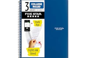 Five Star Spiral Notebook + Study App, 3 Subject, College Ruled Paper, 8-1/2" x 11", 150 Sheets, Fights Ink Bleed, Water Resistant Cover, Pacific Blue (73623)