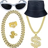 Riuziyi 6Pack 90s 80s Hip Hop Costumes Kit for Men 2000s Y2K Sunglasses Rings Hat Rapper Outfit Accessories for Themed Party
