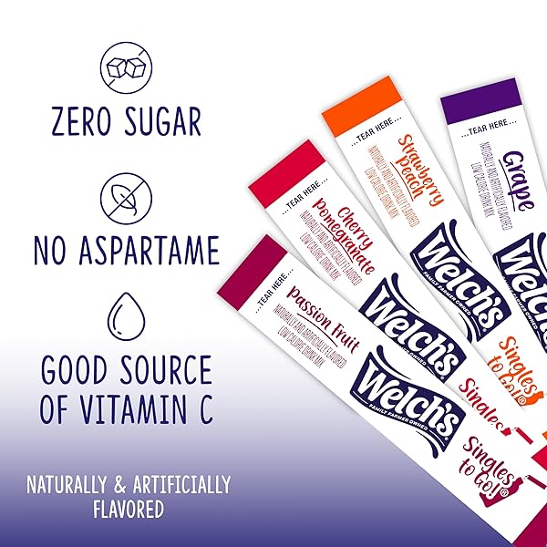 WELCH’S SINGLES TO GO VARIETY PACK, WATERTOK POWDERED DRINK MIX, INCLUDES 4 FLAVORS, GRAPE, PASSION FRUIT, STRAWBERRY PEACH, CHERRY POMEGRANATE, 1 BOX (40 SERVINGS)