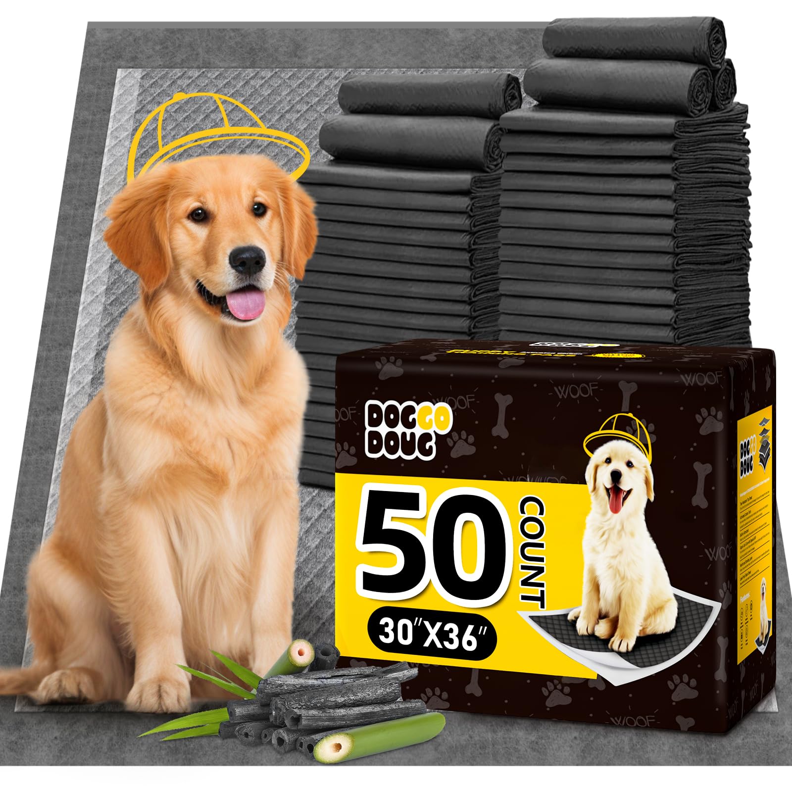 Photo 1 of DOGGO DOUG Dog Pee Pads for Dogs XXL 30"x36" Charcoal Puppy Pads 50 Counts Extra Large Disposable Activated Carbon Super Absorbent Full Edge-Wrapping Odor-Control Training Pads with Adhesive Tabs