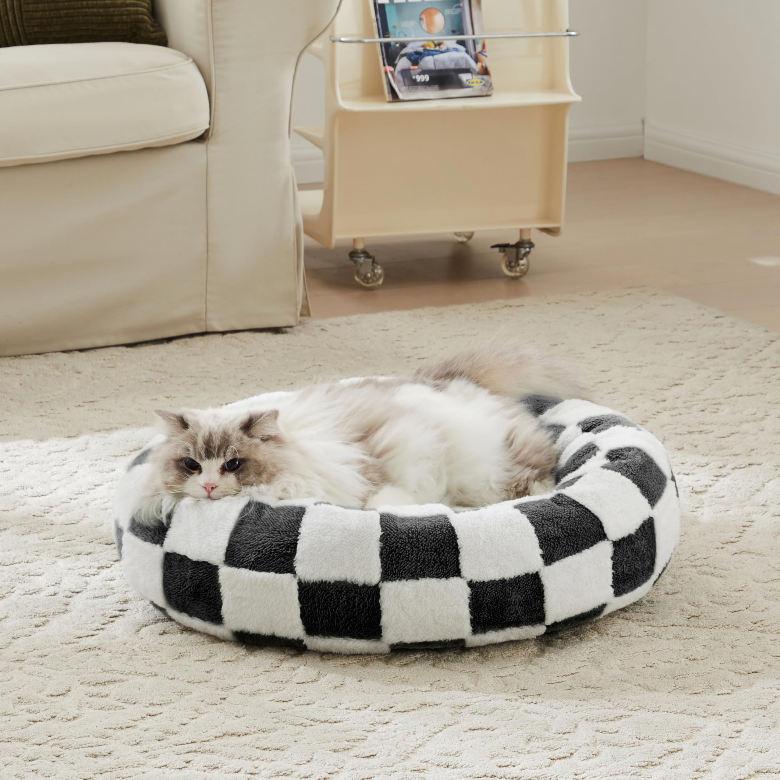 Photo 1 of Ohocut Checkered Cat Dog Bed, Cute Black White Retro Style Aesthetic Round Warming Pet Calming Beds for Small Dog and Cats, Plush Cozy Donut Beds Washable, 23" L x 23" W x 8" Th