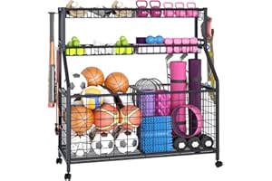 Azheruol Ball Storage Rack Large Sports Equipment Organizer Cart For Garage,Home Gym Multifunctional Sports Gear Storage For Indoor Or Outdoor, Ball Rack For Basketball,Baseball, Football, Toys