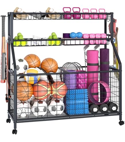 Organisateur d'Équipement Sportif avec 5 Étagères Support de Rangement avec Porte-sacs de Golf Support pour Tapis Panier à Balles et 13 Crochets Noir