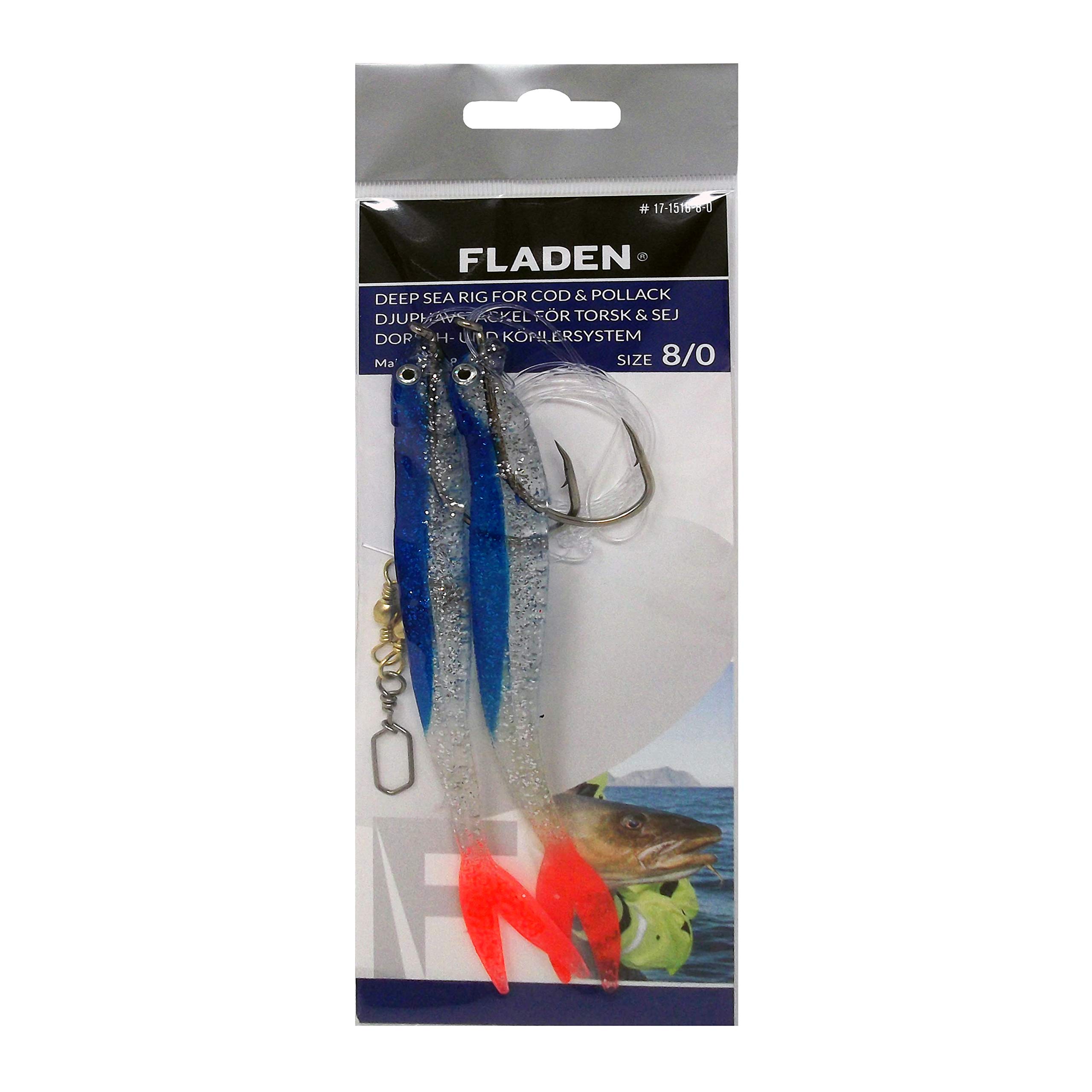 FLADEN Fishing - Deep Sea Cod Glitter Rig Large Size 8/0 Hooks Ready Tied Black or Blue 14cm Twintail Softbait (Size 8/0 Hooks) (Blue Glitter)