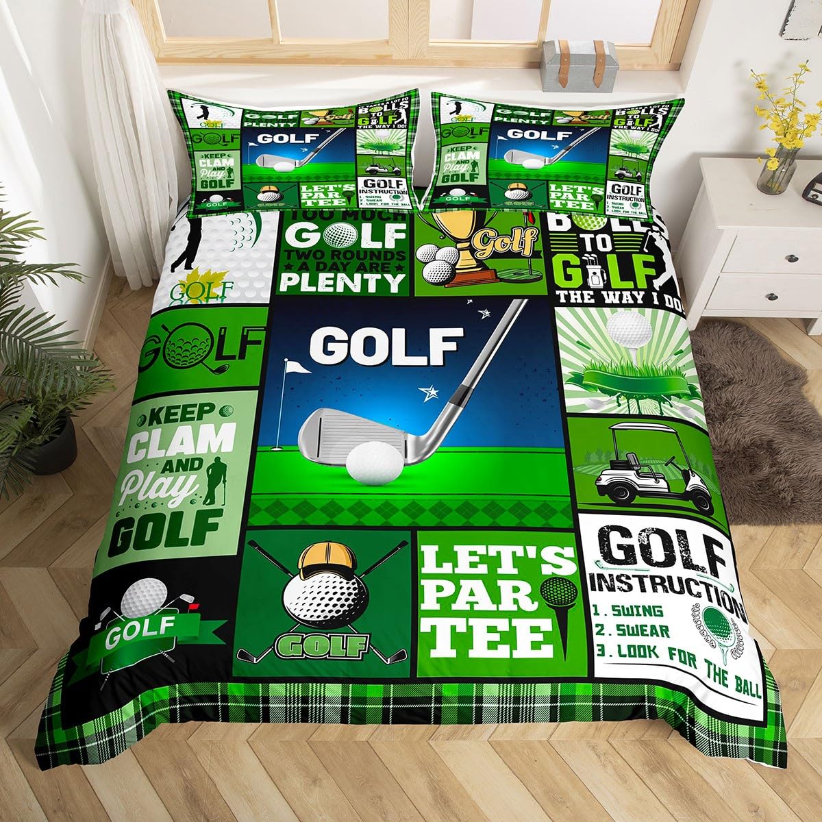 Golf Duvet Cover Set Double Size, Outerdoor Sports Theme Bedding Set 3pcs for Kids Boys Teens Room Decor, Green Grid Lattice Patchwork Comforter Cover Ball Gaming Quilt Cover with 2 Pillowcases — image 1