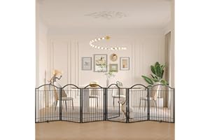 BHG Metal No-Assembly Freestanding Dog Gate with Door Walk Through, Extra Wide 144", Extra Tall 32" Pet Gate, Accordion Puppy Folding Playpen Dog Fence, with 2PCS Support (Black, 6 panesl)