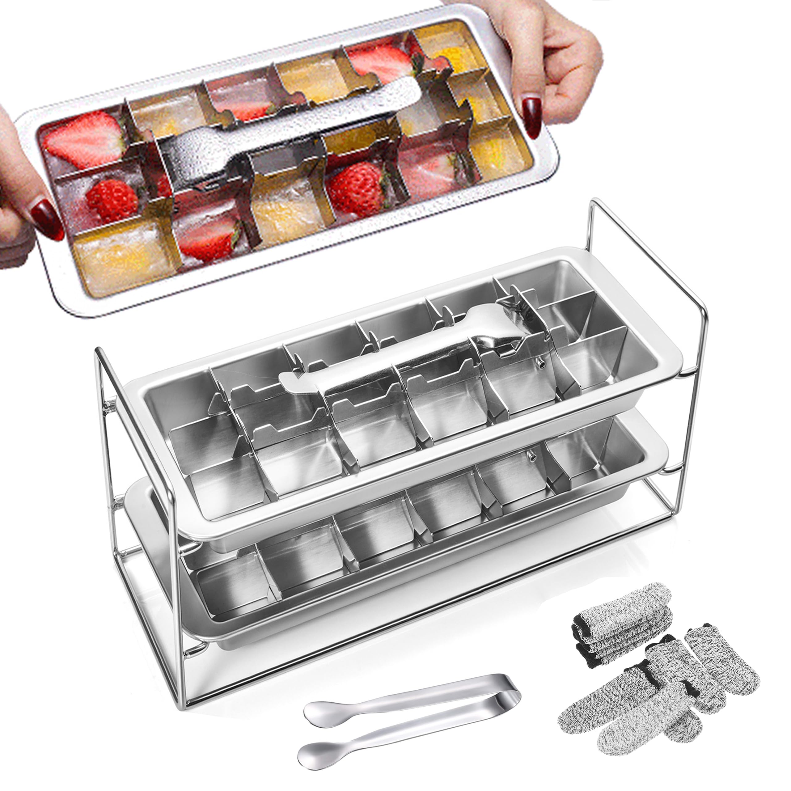 GHAHILI Stainless Steel Ice Cube Trays, Metal Ice Cube Trays for Freezer Vintage Inspired Design with Release Lever Remove Handle for Making Large Cubes Kitchen & Bar (2pcs+Tweezers & Finger Gloves)