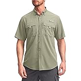 Pudolla Men's Fishing Shirts with Short Sleeves, Summer Travel Work Shirts, Button Down with UPF50+ and Zipper Pockets