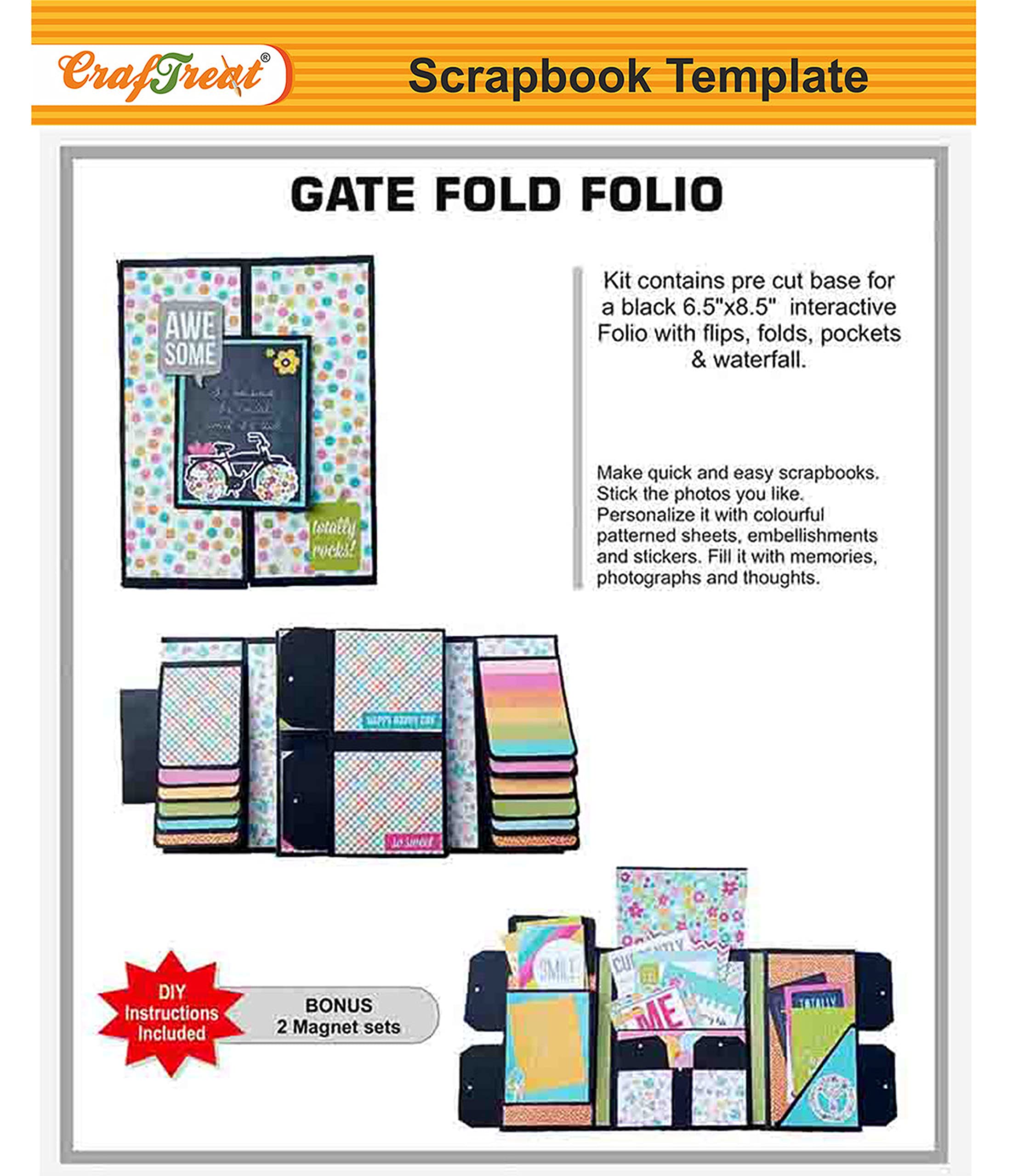 CrafTreat DIY Scrapbook Photo Album for Birthday, Wedding and Anniversary - Contains Precut Base for Making 1 Album of GateFold Folio (Black Color) 6.5X8.5 Inches- Memory Scrapbook Photo Album DIY kit