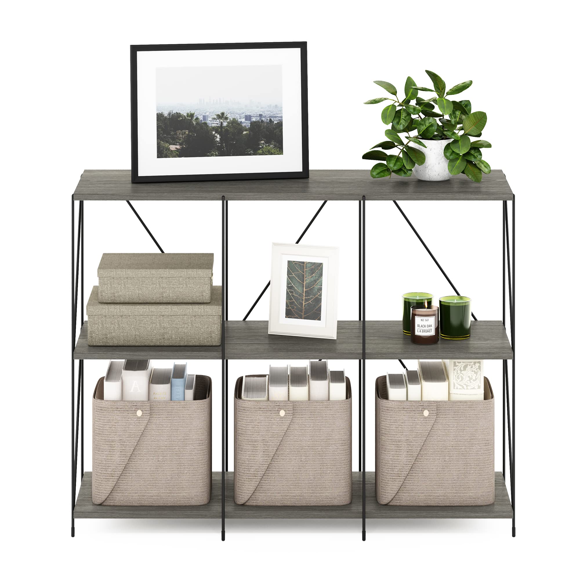 Furinno Besi 3 x 2 Industrial Multipurpose Shelf Display Rack with Metal Frame, Finn Oak