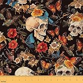 Feelyou Sugar Skull Fabric by The Yard 1 Yard Botanical Flowers Print Decorative Waterproof Outdoor Fabric Butterfly Gothic Skeleton Upholstery Fabric Halloween Themed DIY Reupholstery Fabric