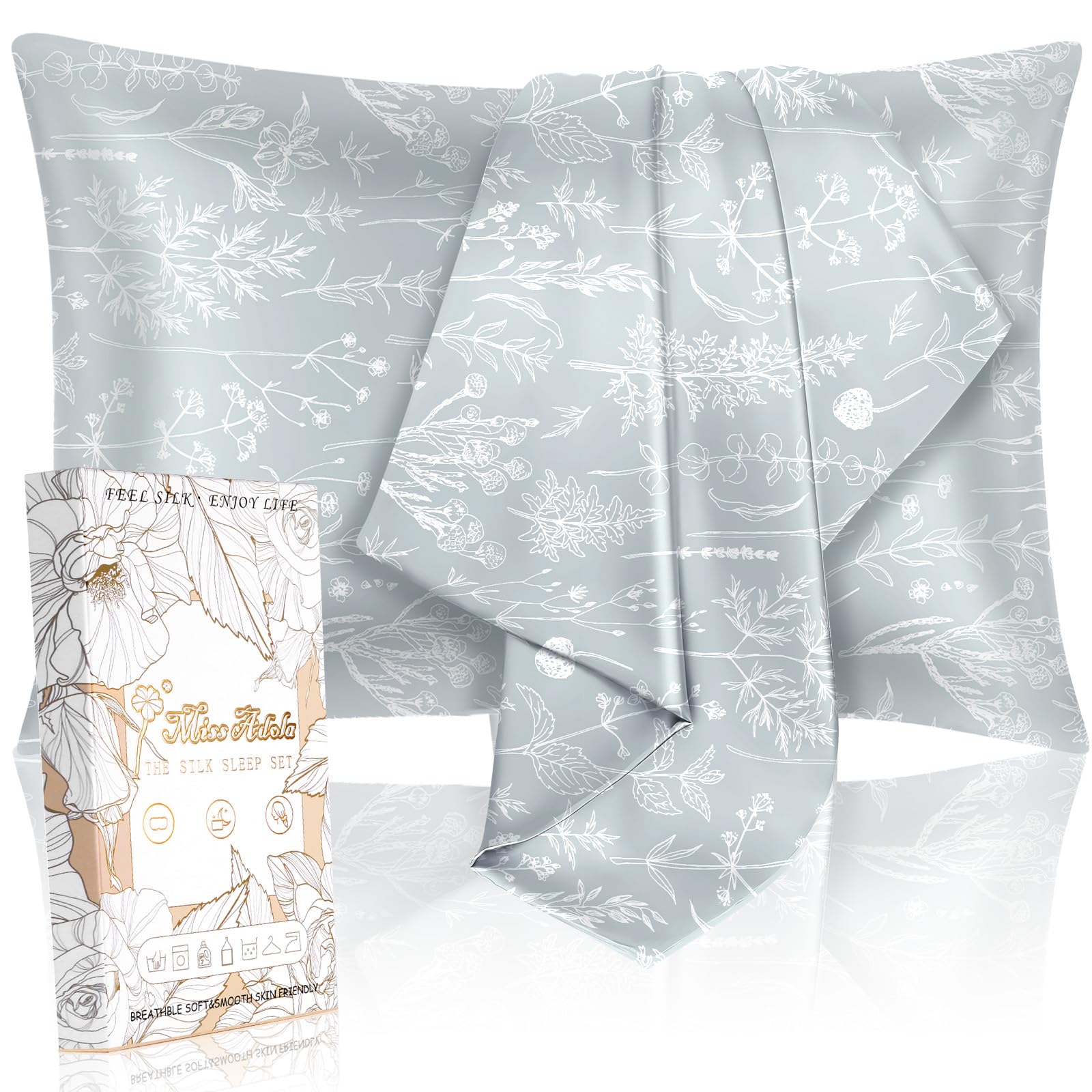 Miss Adola 2 Pack Silk Pillow Case for Hair and Skin Standard Size 26"x20" Floral Plants Sage Green Silk Pillowcase Soft Smooth Cooling Satin Pillow Case Set Sleeping Gifts for Women, Girl, Girly