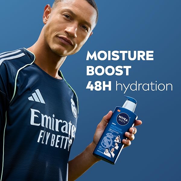 NIVEA MEN REAL MADRID LIMITED EDITION DESIGN MAXIMUM HYDRATION 48-HOUR MOISTURE BODY LOTION FOR DRY SKIN, ALOE VERA LOTION FOR MEN, 3-IN-1 BODY, FACE AND HANDS, 16.9 FL OZ BOTTLE