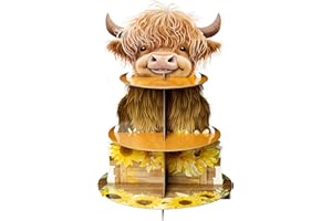 Salovio Highland Cow Cupcake Stand - 3 Tiers Cardboard Holder for Baby Birthday Party, Baby Shower - Animal Themed Party Supp