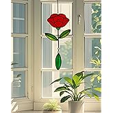 Langodeco Stained Glass Window Hangings, Handcrafted Garden Suncatchers for Window and Home Decor Decor, Unique Artisan Glass Ornaments for Indoor and Outdoor Use, Red Flower