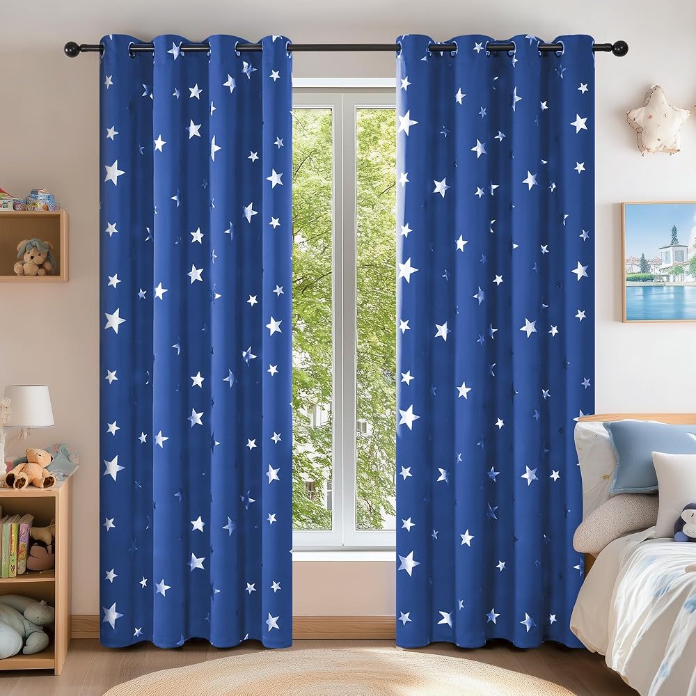 Deconovo Stars Foil Printed Thermal Eyelet Blackout Curtains Blue 46x54 Inch 1