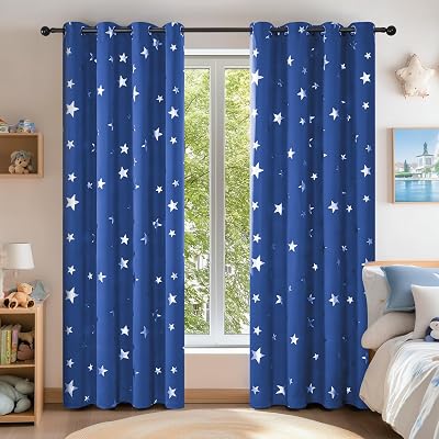 Deconovo Stars Foil Printed Thermal Eyelet Blackout Curtains Blue 46x54 Inch 1