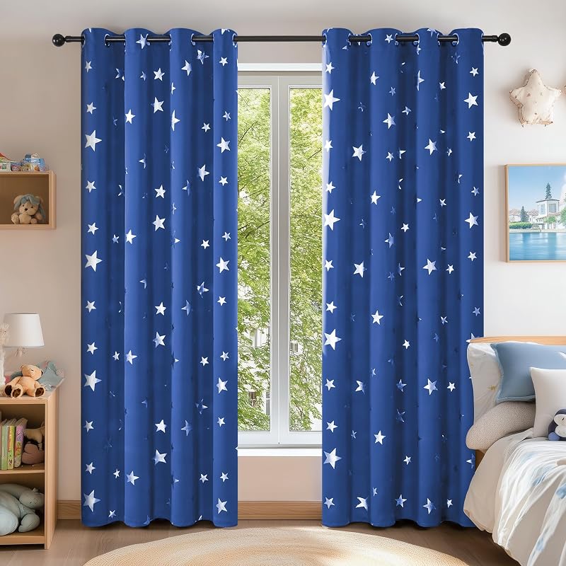 Deconovo Stars Foil Printed Thermal Eyelet Blackout Curtains Blue 46x54 Inch 1