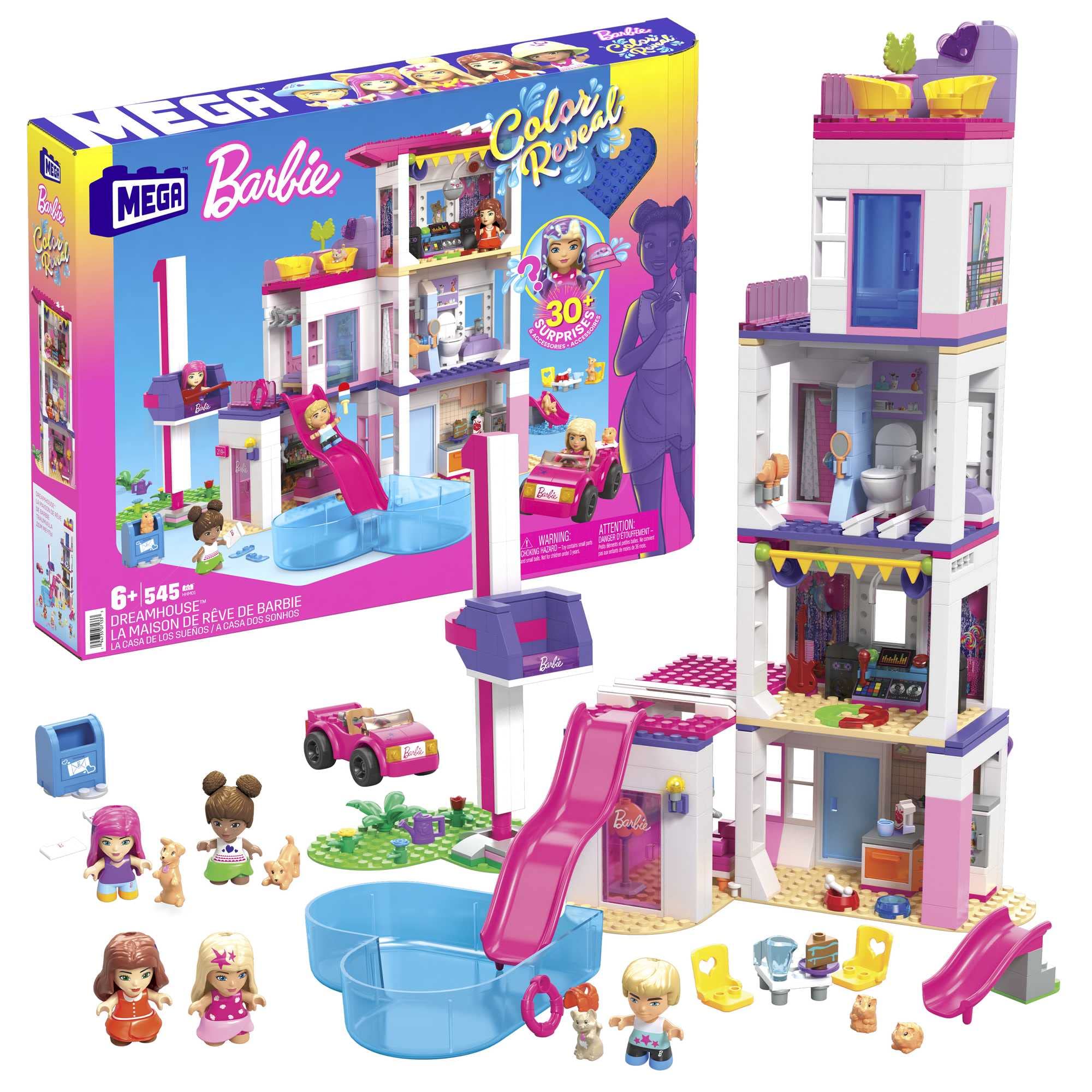 ​MEGA Barbie Color Reveal DreamHouse building set with 25+ surprises, 5 micro-dolls and 6 animals, toy gift set for ages 5 and up, HHM01