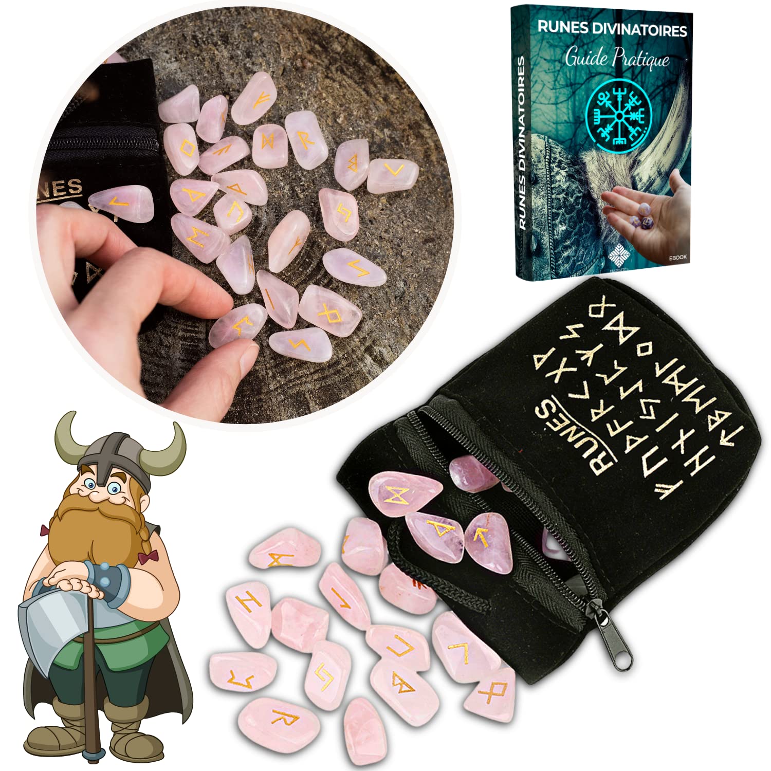 Vikings Divinatory Runes – Pack of 25 Natural Stone Runes of Pink Quartz Engraved 🌷 (2 cm x 1 cm) + Black Bag + Practical Ebook (PDF) – Runic Alphabet Futhark Perfect for Divination, Clairvoyance