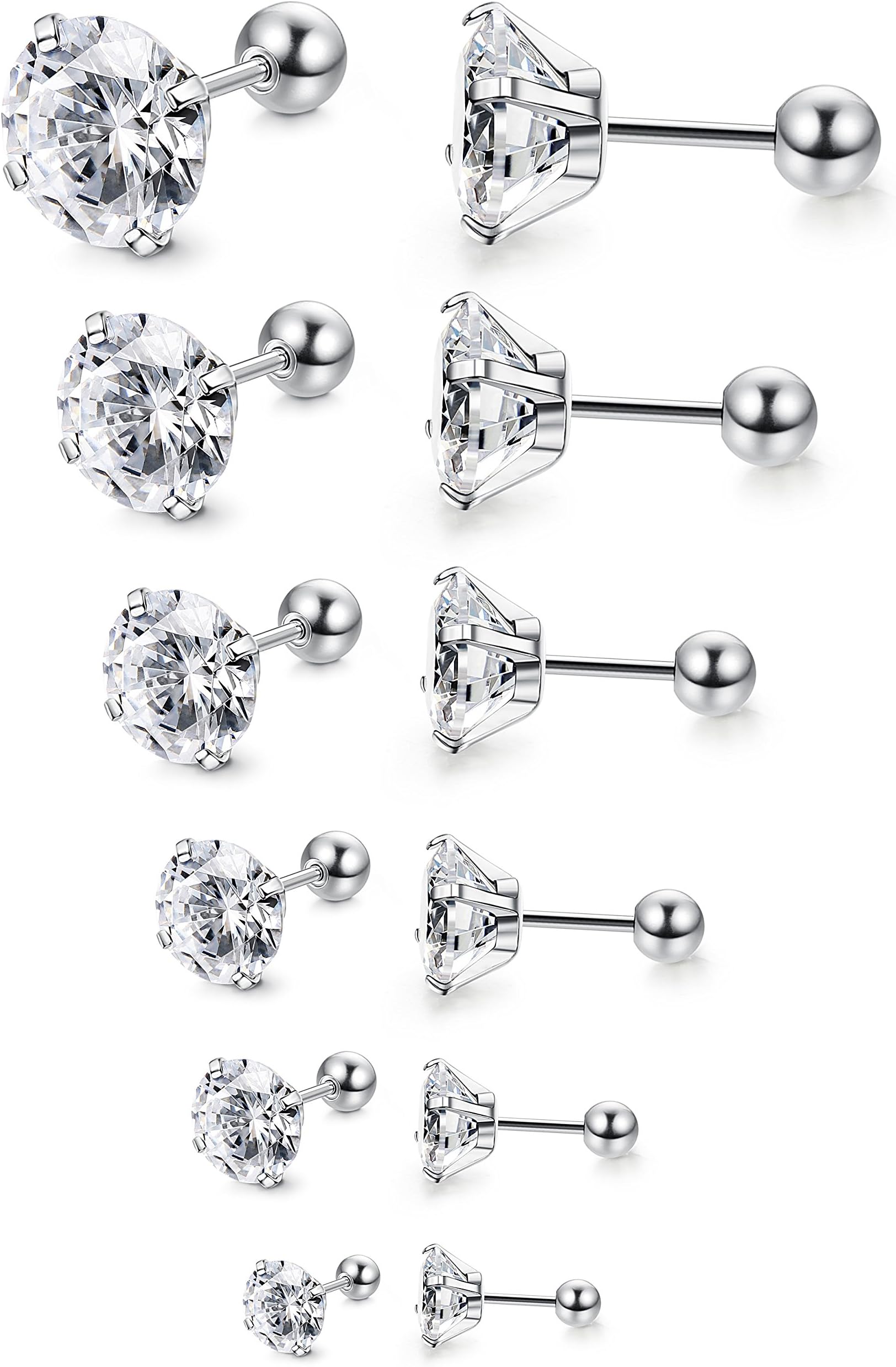 Jstyle 6Pairs 18G Stainless Steel Mens Womens Stud Earrings Cartilage Ear Piercings Helix Tragus Barbell CZ 3-8mm