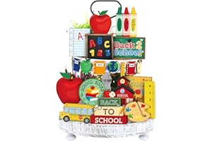 Seeloowy 25 Pcs Back to School Tiered Tray Decor Set Fun Appreciation Wood Signs Decorative Book Bus Table Centerpiece Back to School Decorations Farmhouse Sign for Centerpiece Party Decor