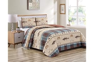 RUGS 4 LESS River Fly Fishing Themed Rustic Cabin Lodge Quilt Stitched Bedspread Bedding Set with Fishing Rods Lure with Southwestern Tartan Check Plaid Tweed Patterns Blue Brown - River Lodge (Full/Queen)