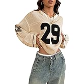 Verdusa Women's Y2k Tops Jersey Shirts Oversized Crochet Graphic Going Out Tops V Neck Pullover Sweater Streetwear